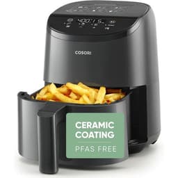 Cosori 2L small air fryer in matt black with chips in the basket