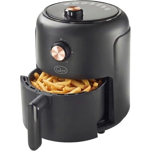 Quest 2.3L small air fryer in grey with chips in the basket
