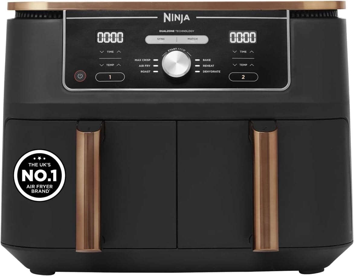 Ninja Foodi MAX Dual Zone 9.5L dual-drawer air fryer in copper and black