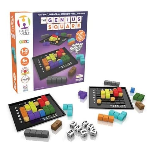 The Genius Square logic puzzle game box and board