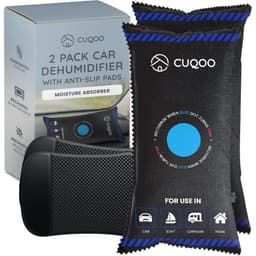 Two black CUQOO 1kg car dehumidifier bags with a blue indicator and non-slip mats