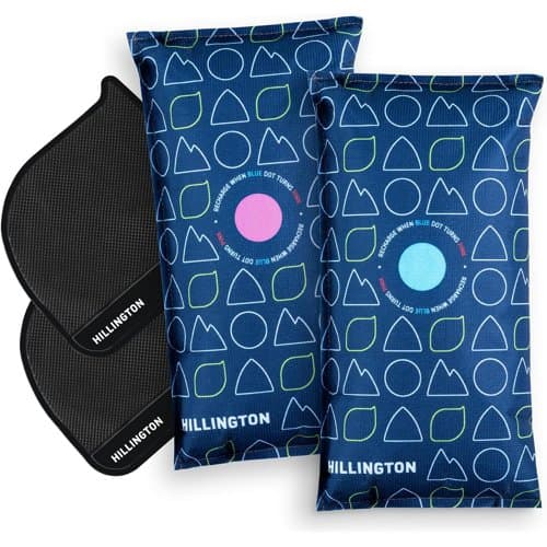 Two blue Hillington 1kg car dehumidifier bags with black anti-slip pads