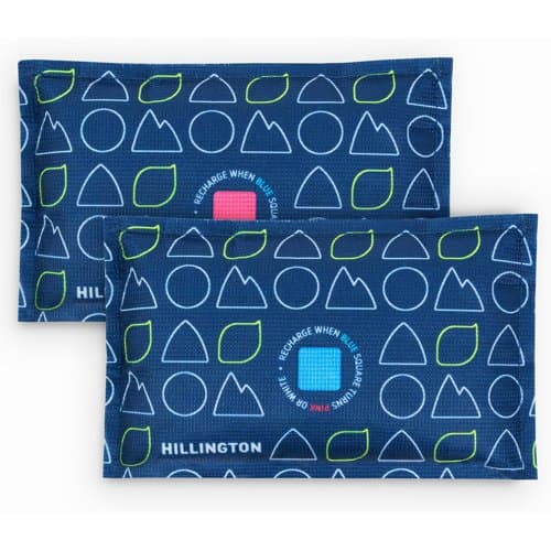 Two small blue Hillington 250g car dehumidifier bags with patterned covers