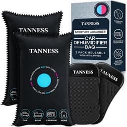 Two black Tanness 1kg car dehumidifier bags with anti-slip pads and box