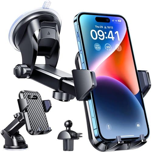 VANMASS car phone holder on a dashboard with suction cup and phone in clamp