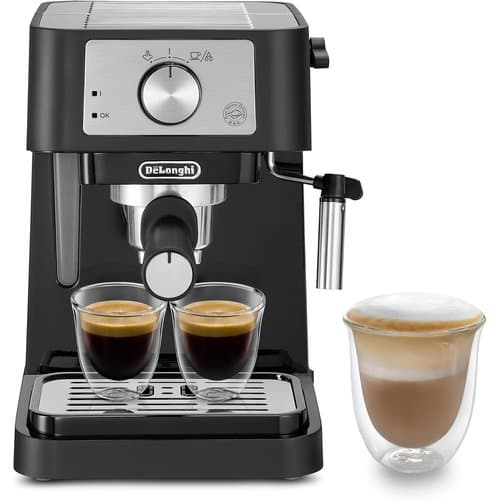 De’Longhi Stilosa espresso machine with steam arm and two espresso cups