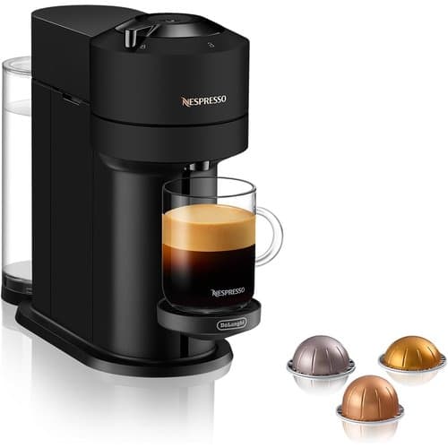 Nespresso Vertuo Next pod coffee machine in matt black with pods
