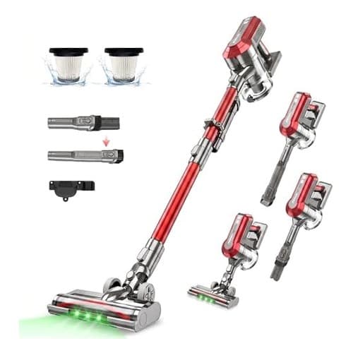 Akitas V10A red cordless stick vacuum with attachments