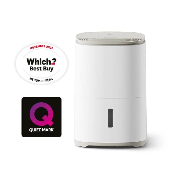 MeacoDry Arete One 12L white dehumidifier with Which Best Buy and Quiet Mark badges