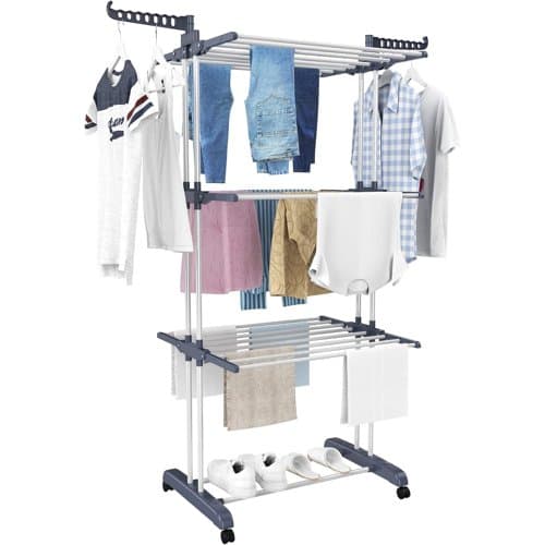 Grey HOMIDEC 4-tier clothes airer with side wings and wheels