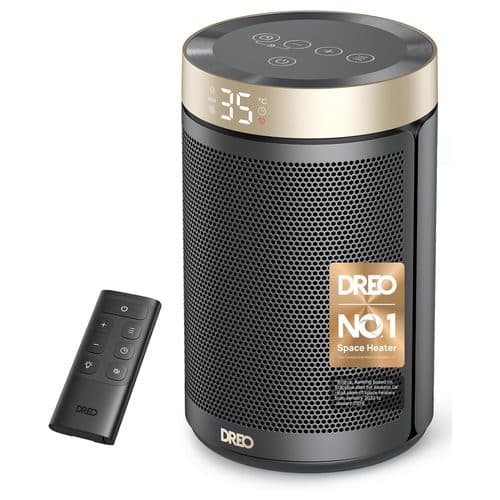 Dreo Atom 316 black and gold ceramic fan heater with remote