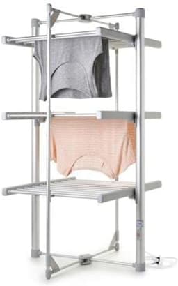 Dry:Soon Mini 3-Tier heated clothes airer folded open in silver aluminium