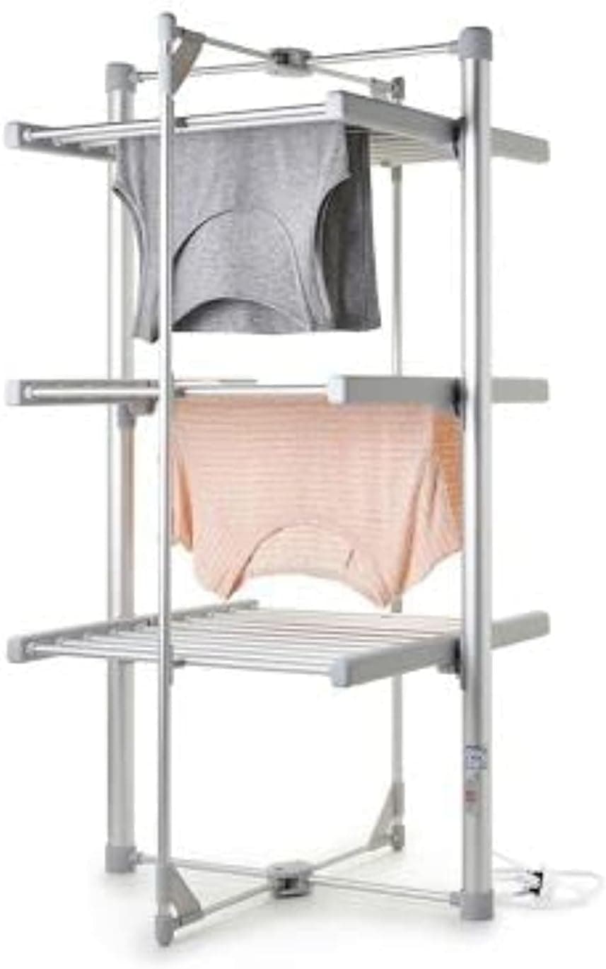 Dry:Soon Mini 3-Tier heated clothes airer folded open in silver aluminium