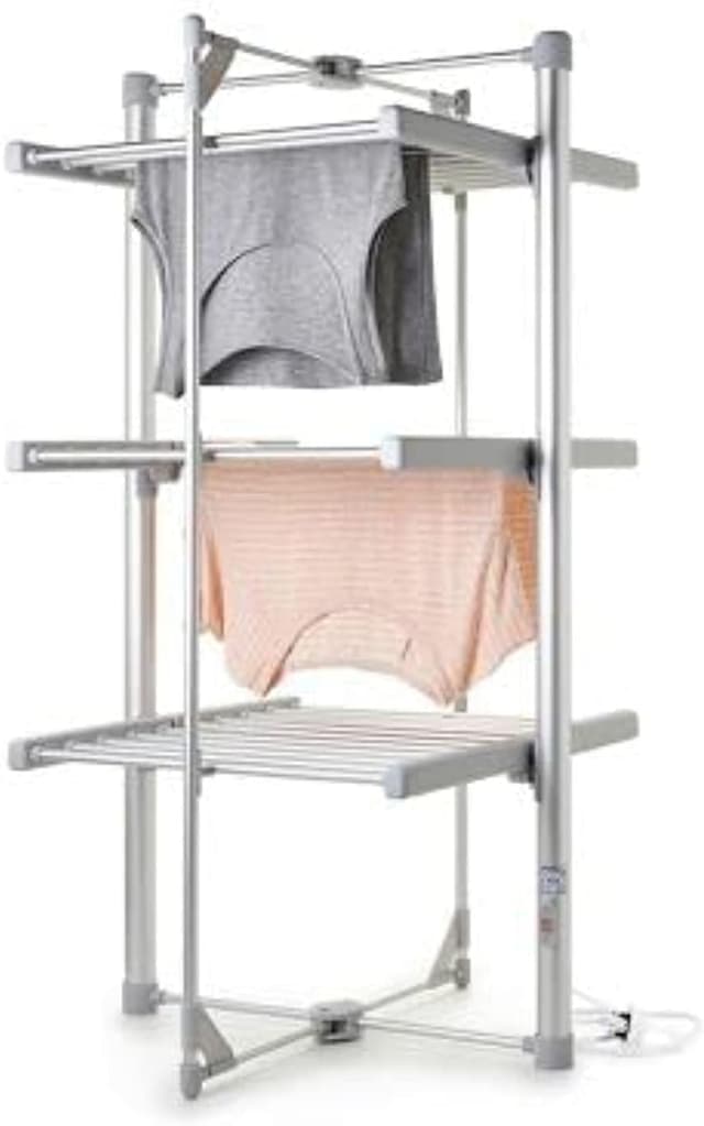 Dry:Soon Mini 3-Tier heated clothes airer folded open in silver aluminium