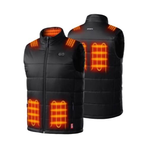 ORORO SureWarm men's 7-zone heated gilet, front and back, with heating zones highlighted