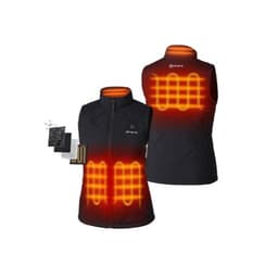 ORORO women's heated quilted gilet in black, front and back, with heating zones highlighted