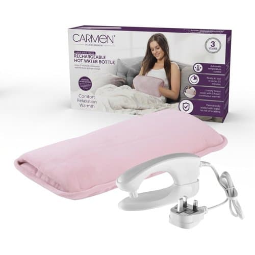 Carmen pink rechargeable hot water bottle with its heating plug and box