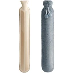 Homealexa extra long hot water bottle shown next to its grey fluffy cover