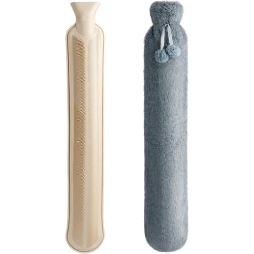 Homealexa extra long hot water bottle shown next to its grey fluffy cover