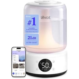 White Levoit smart humidifier with a 50 percent humidity display