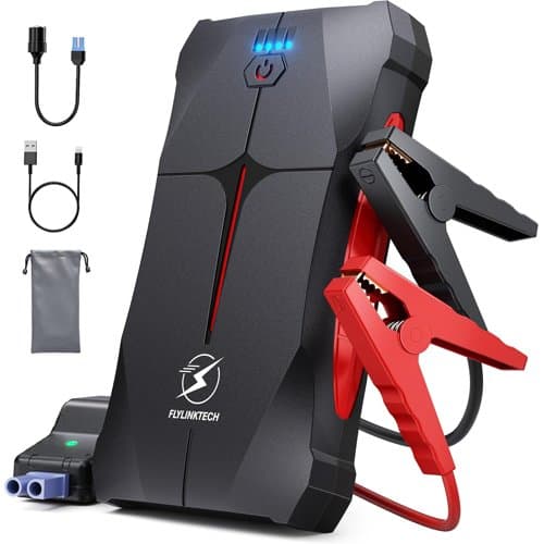 FLYLINKTECH compact black and red jump starter with clamps and cables