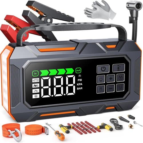 TREKURE orange jump starter and tyre inflator with clamps, gloves and puncture kit