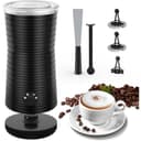 Black Morpilot electric milk frother with whisks and a cappuccino