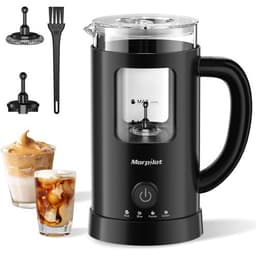 Morpilot glass milk frother with black handle, whisks and iced drinks