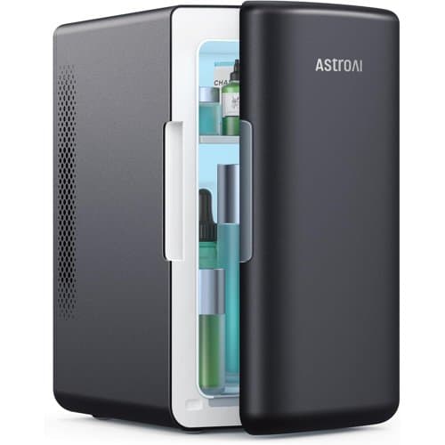AstroAI 6 litre mini fridge in black with the door open