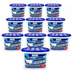Ten ANSIO disposable moisture absorber tubs in blue and white