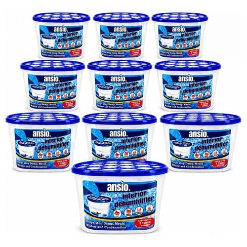 Ten ANSIO disposable moisture absorber tubs in blue and white