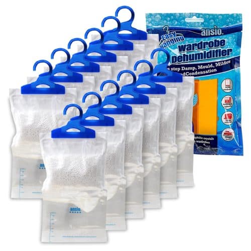 Pack of twelve ANSIO wardrobe dehumidifier hanging bags with hooks