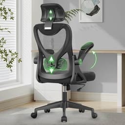 Black YONISEE mesh office chair with headrest and flip-up arms