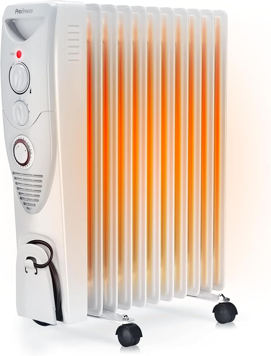 Pro Breeze white 11-fin 2500W oil filled radiator with castors and timer dial