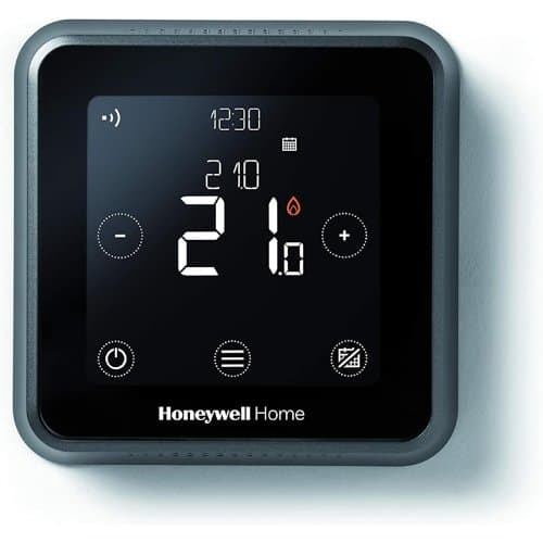 Black Honeywell Home T6 touchscreen smart thermostat on a wall