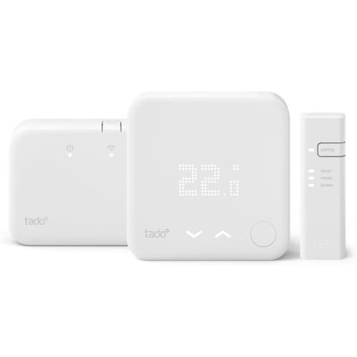 White tado V3+ smart thermostat with wireless receiver
