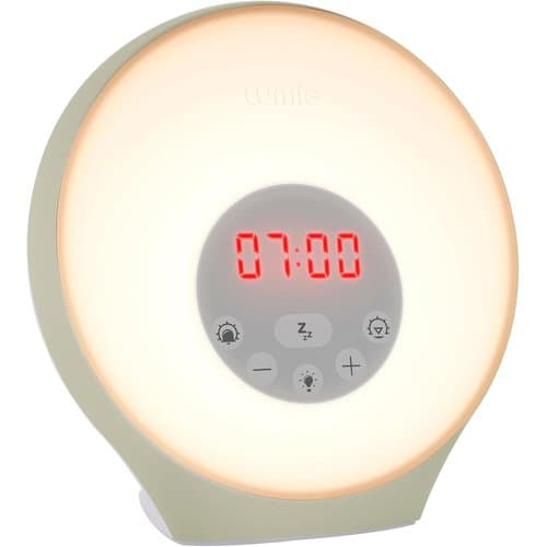 Lumie Sunrise Alarm white round wake-up light with clock display