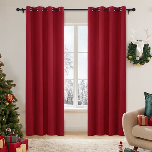 Deconovo red thermal eyelet blackout curtains hanging on a pole