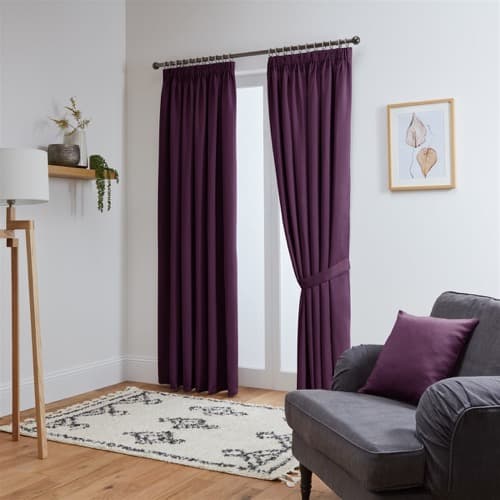 John Aird aubergine thermal blackout pencil pleat curtains with tiebacks in a living room