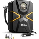 Black and yellow AstroAI 12V digital tyre inflator with adaptors
