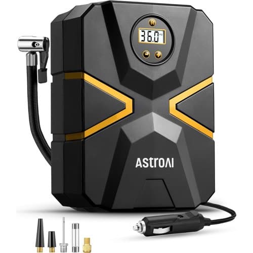 Black and yellow AstroAI 12V digital tyre inflator with adaptors