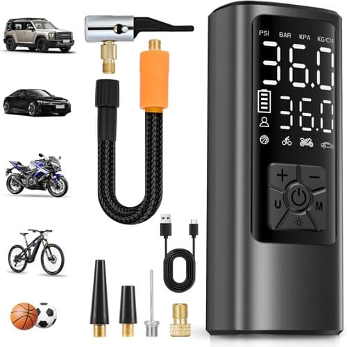 Black HOVVIDA cordless tyre inflator with digital screen and adaptors