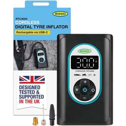 RING Tyreinflate Go 4 cordless digital tyre inflator next to its box