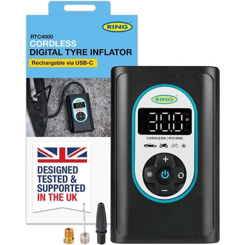 RING Tyreinflate Go 4 cordless digital tyre inflator next to its box