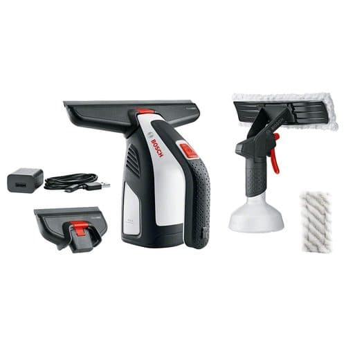 Bosch GlassVAC black and red window vac with small head, charger and spray applicator